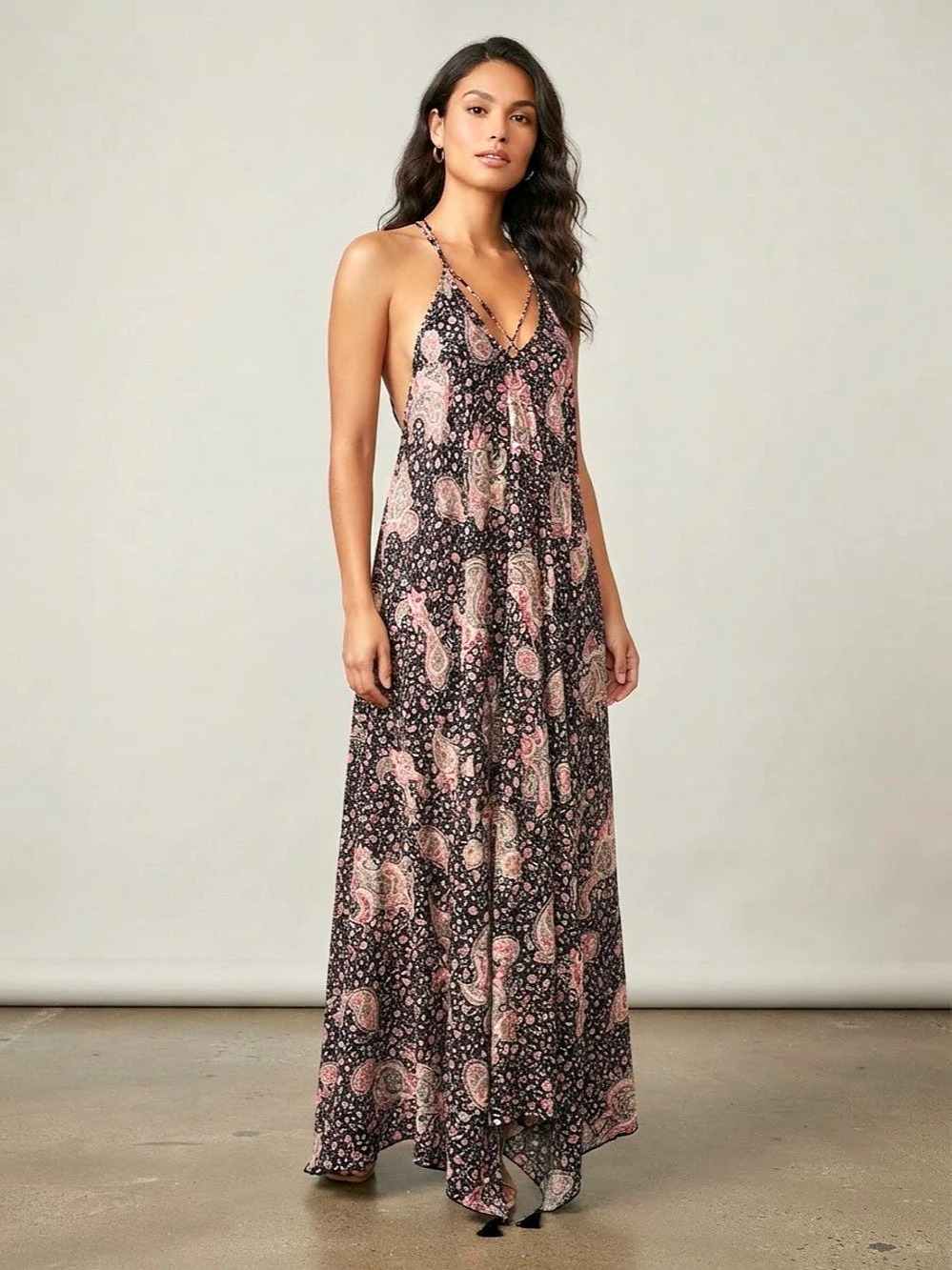 Karma Highway Halter Maxi Dress Black & PinkPaisley